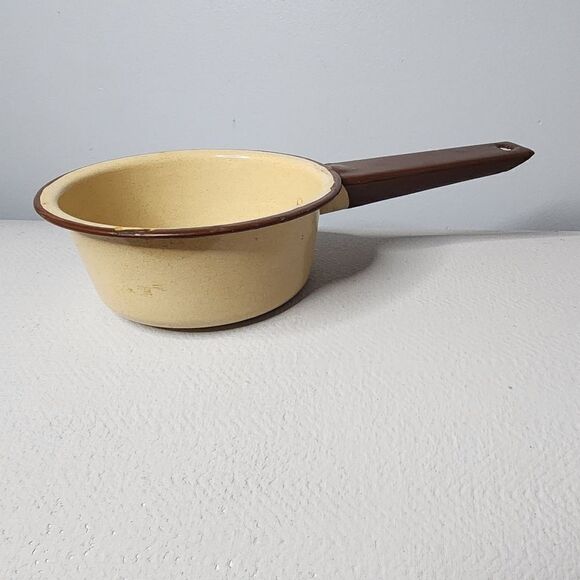 Vintage Little Saucepan Enamelware Tan with Brown Trim & Handle 5" Diameter - Picture 1 of 7